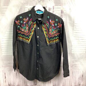 Vintage 90s Southwest Canyon Beaded Fringe Button Down Top Small